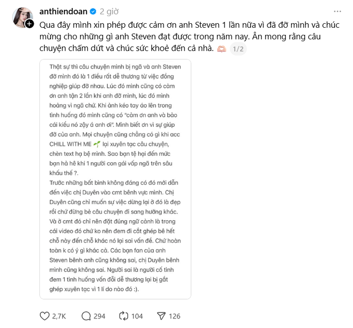 Thiên Ân trong phát ngôn mới nhất chính thức khép lại ồn ào