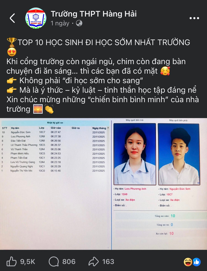 Bài đăng vinh danh top 10 của trường THPT Hàng Hải (Hải Phòng) nhận về hàng ngàn lượt tương tác - Ảnh: Chụp màn hình