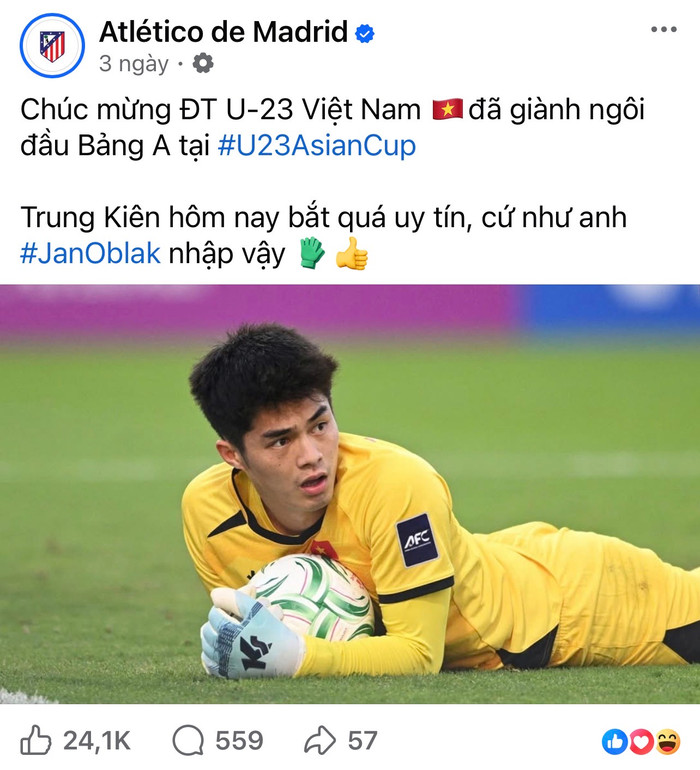 Sự thật không có chuyện Trung Kiên qua châu Âu mà chỉ được trang chủ Atlético Madrid ngợi khen về màn trình diễn cùng U23 Việt Nam.