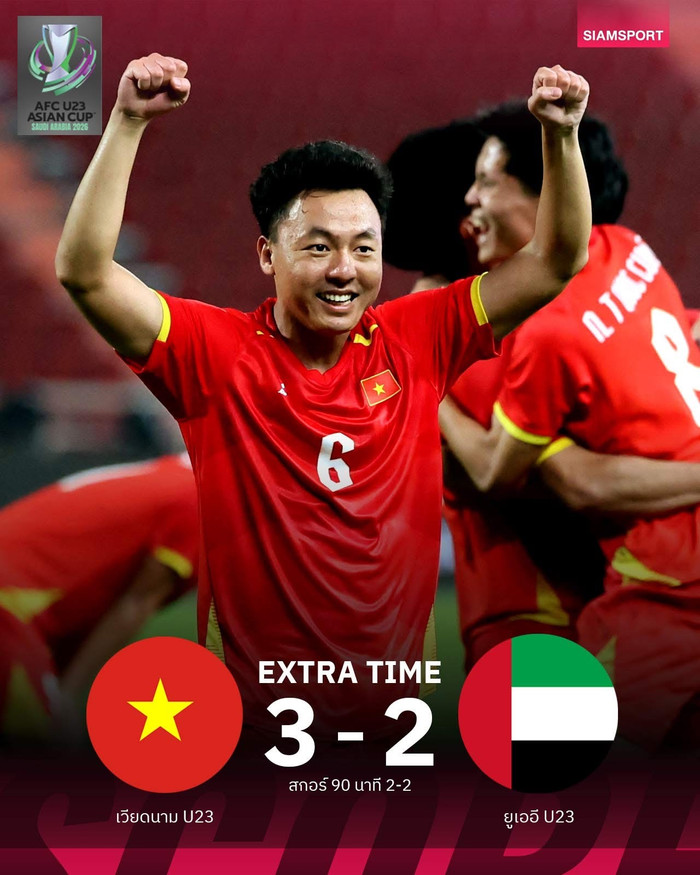 Truyền thông Thái Lan đã đồng loạt lên tiếng sau chiến thắng nghẹt thở 3-2 của U23 Việt Nam trước U23 UAE ở vòng tứ kết VCK U23 châu Á 2026.