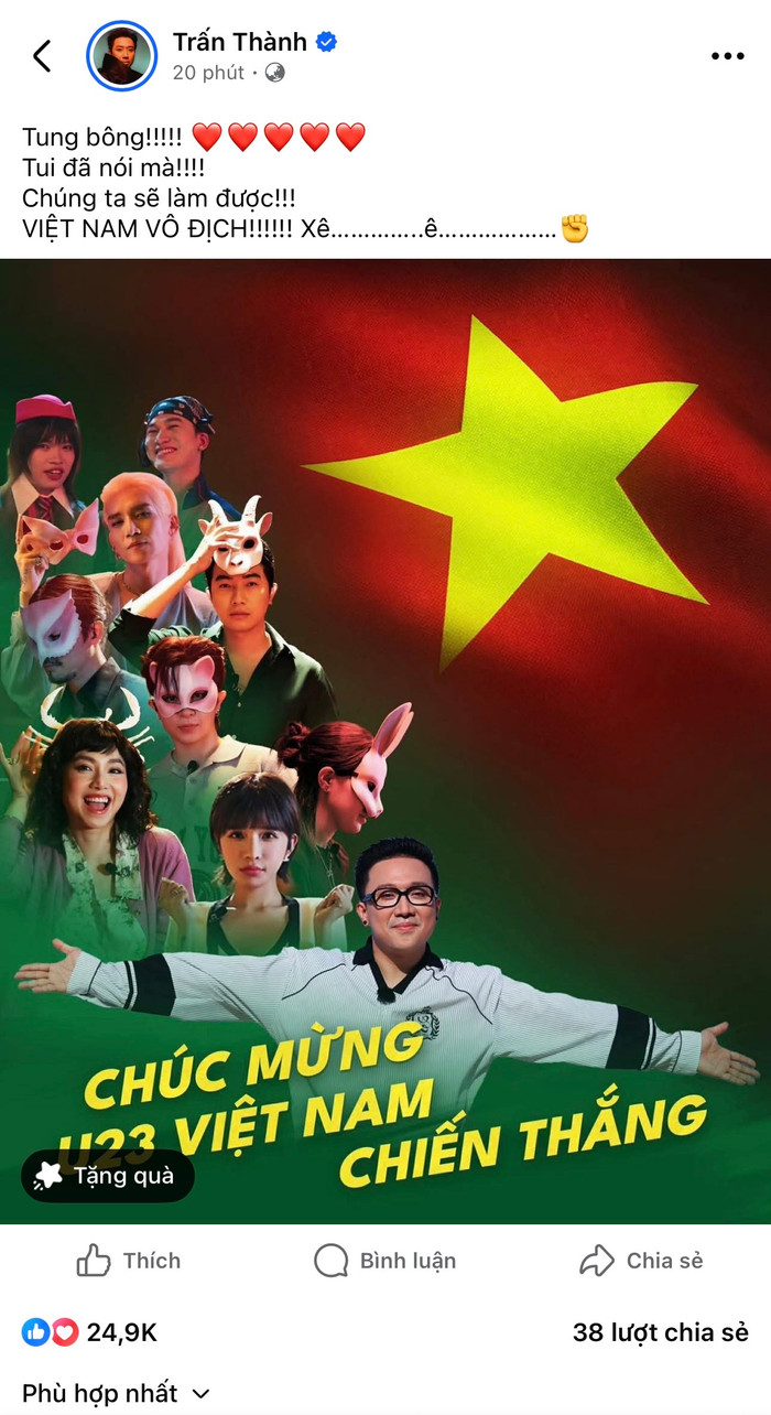 Bài đăng chúc mừng đội tuyển U23 Việt Nam giành chiến thắng ở đấu trường châu Á của Trấn Thành khiến dân mạng rần rần.