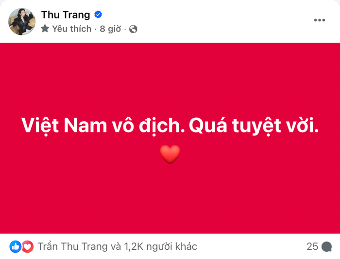 Bài viết Thu Trang sau chiến thắng từ U23 Việt Nam (Ảnh: Chụp màn hình).