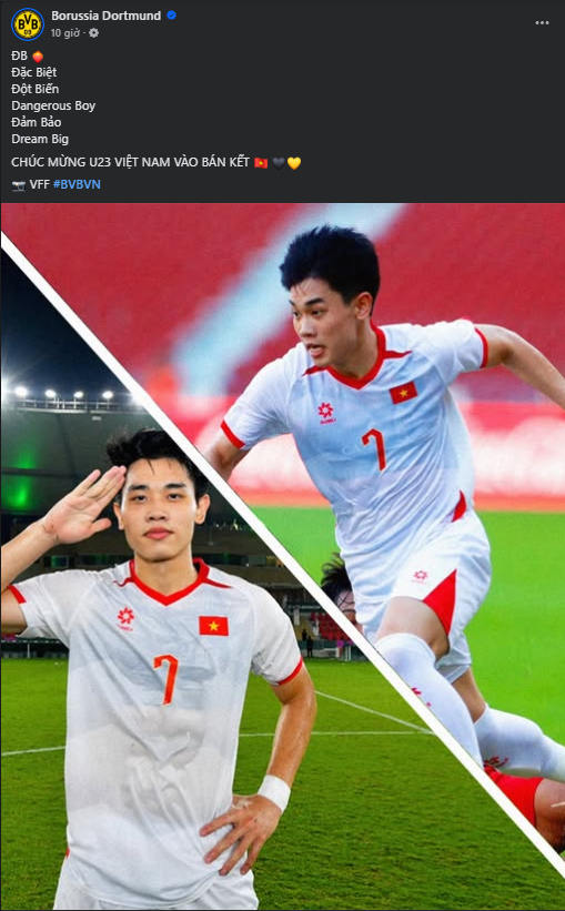 Dortmund gửi lời chúc mừng đến U23 Việt Nam. (Ảnh: chụp màn hình)