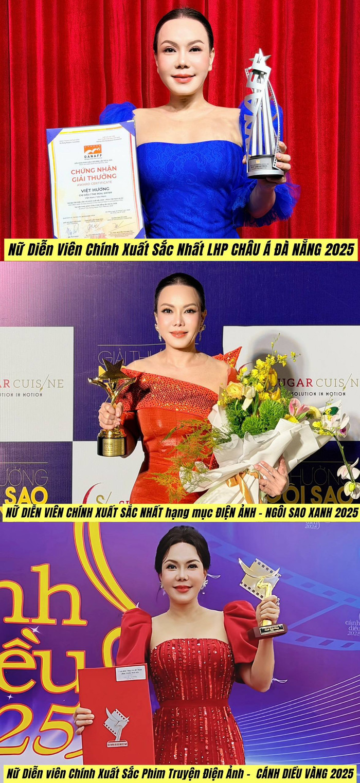 Việt Hương ghép lại từng khoảnh khắc khi nhận được loạt giải thưởng danh giá trong năm 2025. Ảnh: FBNV