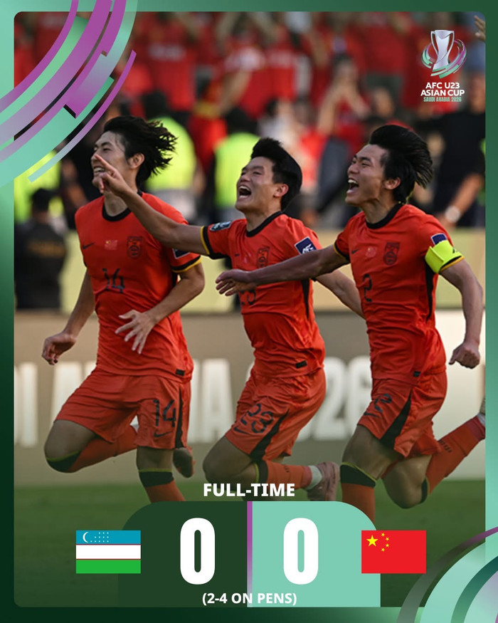 U23 Trung Quốc đã làm nên cột mốc lịch sử khi lần đầu tiên lọt vào bán kết U23 châu Á, sau chiến thắng trước U23 Uzbekistan. Ảnh: AFC