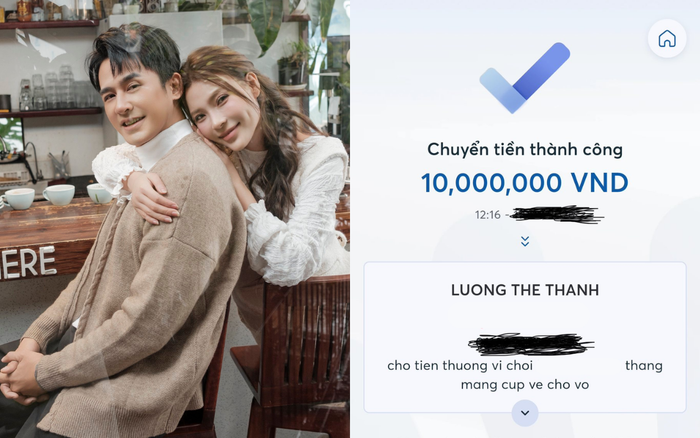 Lương Thế Thành được Thúy Diễm 'thưởng nóng' 10 triệu khi chiến thắng trong một chương trình giải trí. Ảnh: FBNV