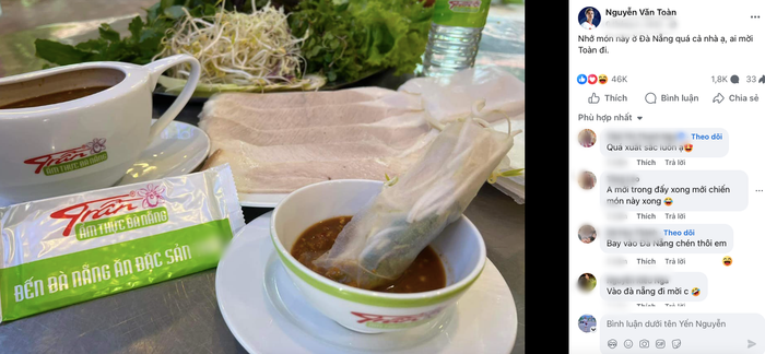Văn Toàn - bạn thân Hoà Minzy bày tỏ về nỗi nhớ món ăn ngon này ở Đà Nẵng. Ảnh: FBNV