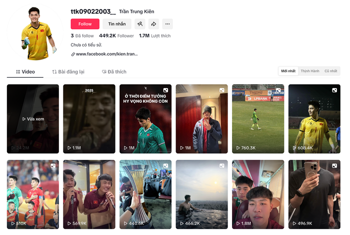 Việc 1 video của thủ môn Trần Trung Kiên đạt lượng lượt xem khủng dẫn đến số lượng người theo dõi và lượt xem các video cũ của chàng cầu thủ tăng cao. (Ảnh: chụp màn hình)&nbsp;