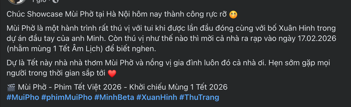 Thu Trang mới đây đã gửi lời chúc đến showcase 'Mùi Phở 'tại Hà Nội, đồng thời chia sẻ cảm xúc về hành trình tham gia dự án. - Ảnh: FBNV&nbsp;