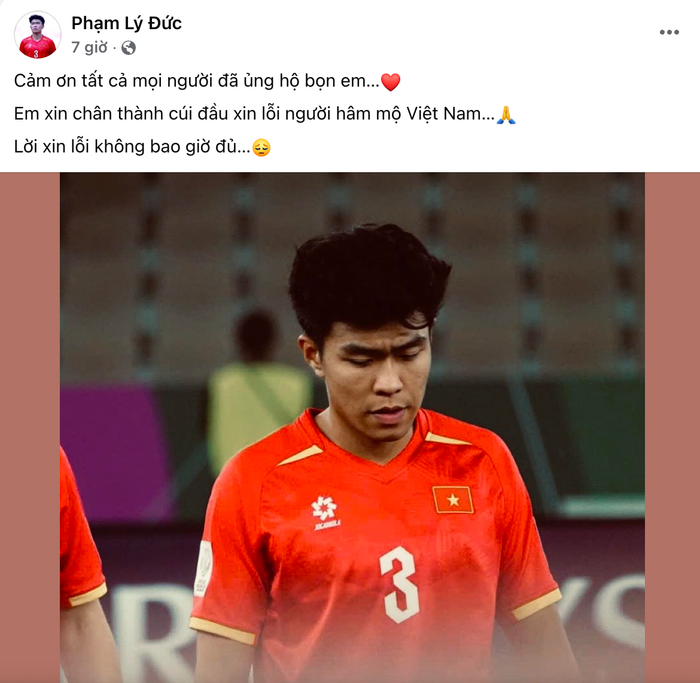 Bài đăng xin lỗi từ trung vệ Lý Đức sau thất bại của U23 Việt Nam trước U23 Trung Quốc.