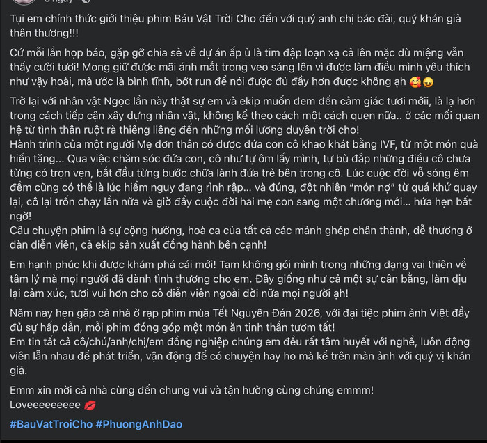Chia sẻ của nữ diễn viên trên FB cá nhân trong buổi họp báo ' Báu Vật Trời Cho'. - Ảnh: Chụp màn hình&nbsp;
