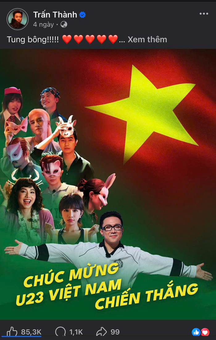 Trấn Thành là nghệ sĩ năng nổ chúc mừng khi U23 Việt Nam vô địch