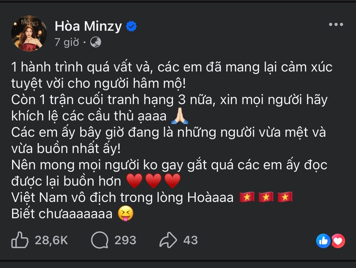Hòa Minzy gửi lời động viên đến U23 Việt Nam. Ảnh chụp màn hình