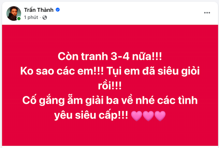 Bài đăng mới nhất của Trấn Thành gửi đến U23 Việt Nam sau thất bại trước U23 Trung Quốc ở bán kết mới đây.