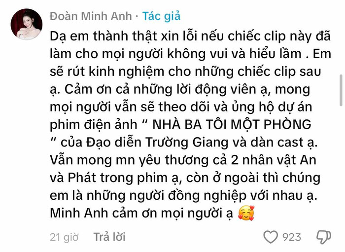 Trước các ý kiến trái chiều từ khán giả, Minh Anh đã lên tiếng xin lỗi và làm rõ mối quan hệ với Anh Tú Atus chỉ là đồng nghiệp ngoài đời.&nbsp;