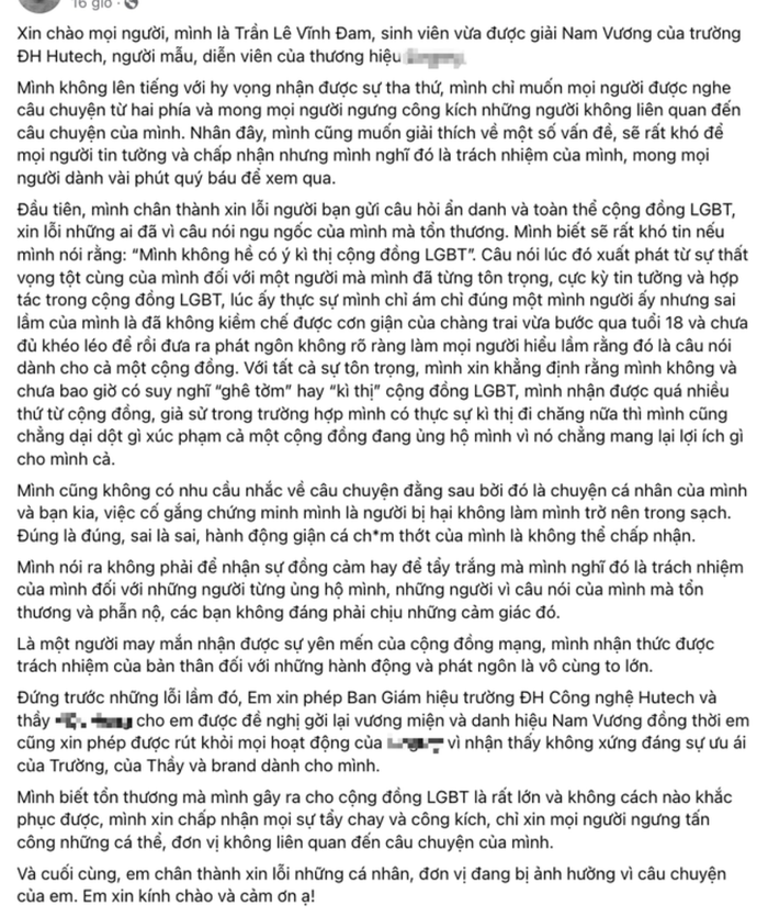 Lời xin lỗi trong quá khứ của Vĩnh Đam khi sự việc vừa diễn ra. - Ảnh: Chụp màn hình&nbsp;