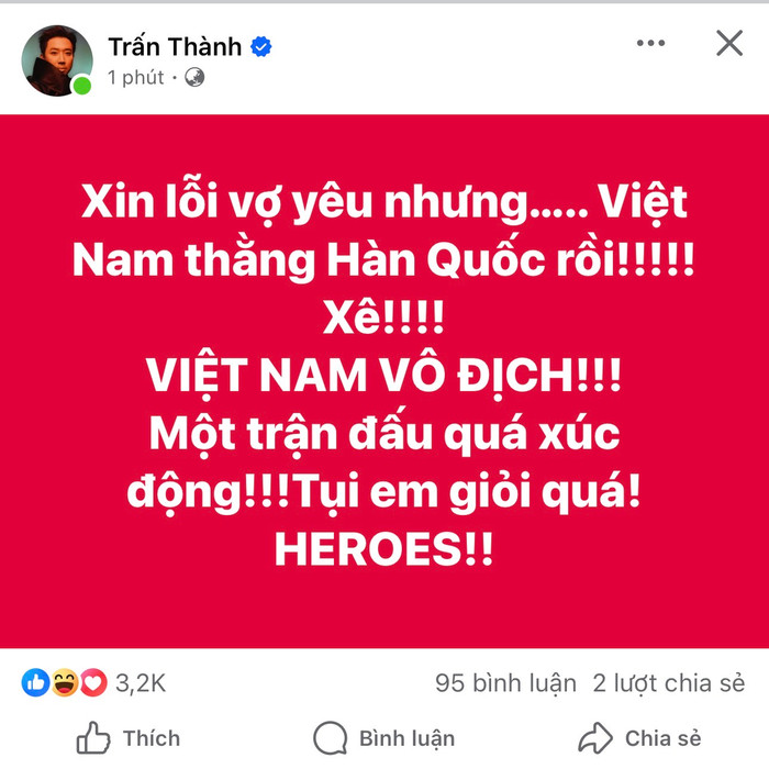 Trấn Thành bất ngờ đăng đàn xin lỗi Hari Won sau khi U23 Việt Nam giành chiến thắng.