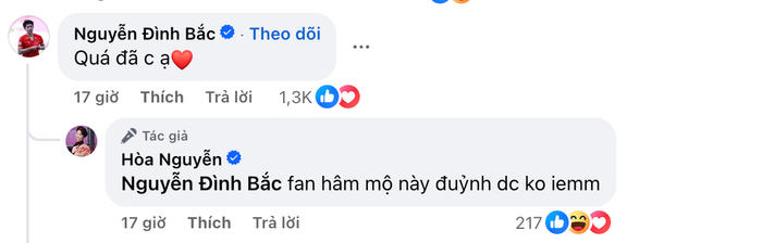 Màn tương tác gây chú ý giữa Đình Bắc và Hòa Minzy sau thành tích hạng 3 châu Á của U23 Việt Nam.