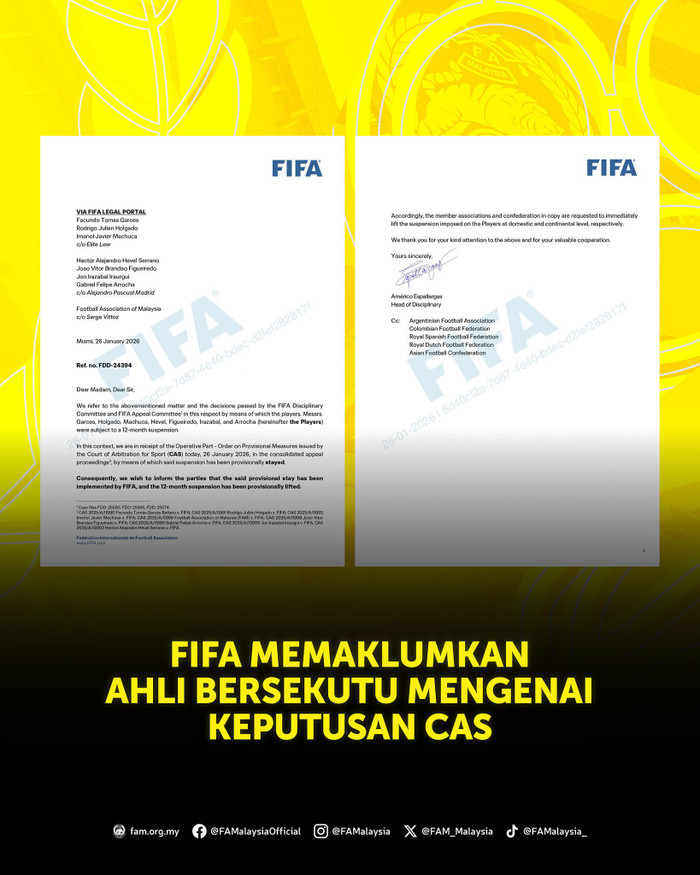 Theo Liên đoàn Bóng đá Malaysia, FIFA thông báo tới các liên đoàn thành viên về quyết định không tiếp tục cấm 7 cầu thủ nhập tịch của tuyển Malaysia. Ảnh: FAM