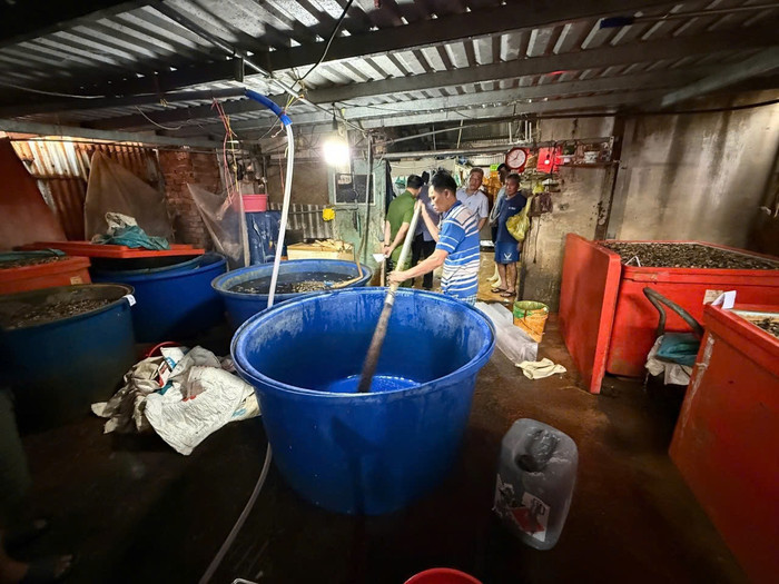 Hình ảnh bên trong cơ sở ngâm ốc bưu bằng hoá chất. Ảnh: Bộ Công an