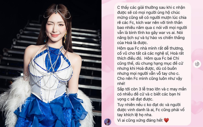 Hòa Minzy gửi tâm thư đến người hâm mộ. Ảnh: IGNV