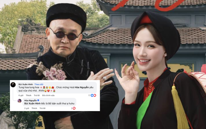 Hòa Minzy thể hiện sự tinh tế khi đón nhận lời chúc từ phía nghệ sĩ Xuân Hinh. Ảnh: FBNV