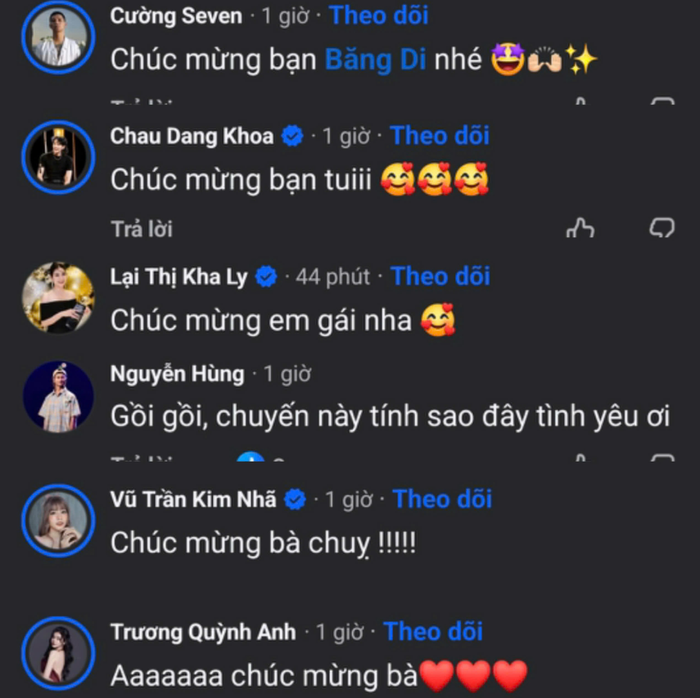 Loạt sao Việt đồng loạt gửi lời chúc mừng khi Băng Di báo tin vui