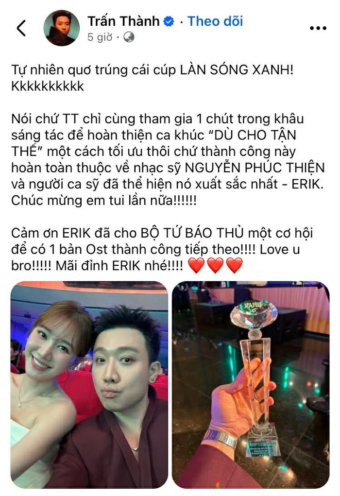 Bài đăng trên trang cá nhân của Trấn Thành đang thu hút sự chú ý. Ảnh chụp màn hình