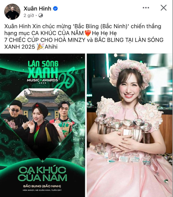 Bài đăng của nghệ sĩ Xuân Hinh khi Bắc Bling chiến thắng hạng mục Ca Khúc Của Năm tại Làn Sóng Xanh 2025 (Ảnh: Chụp màn hình).