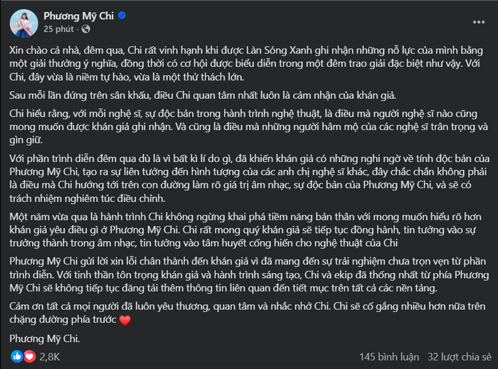 Phương Mỹ Chi xin lỗi, tuyên bố 'dừng lại' Ảnh 2