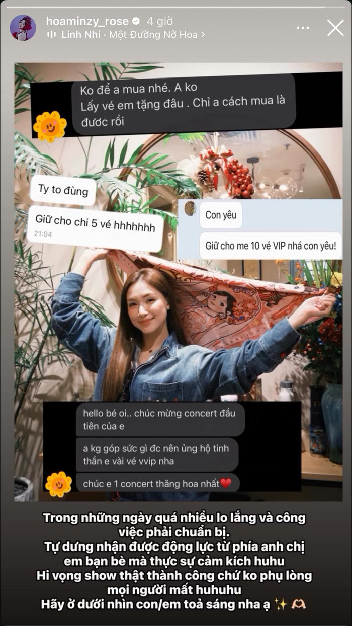 Hòa Minzy chia sẻ những tin nhắn 'động lực' từ phía các anh chị em bạn bè (Ảnh: Chụp màn hình).