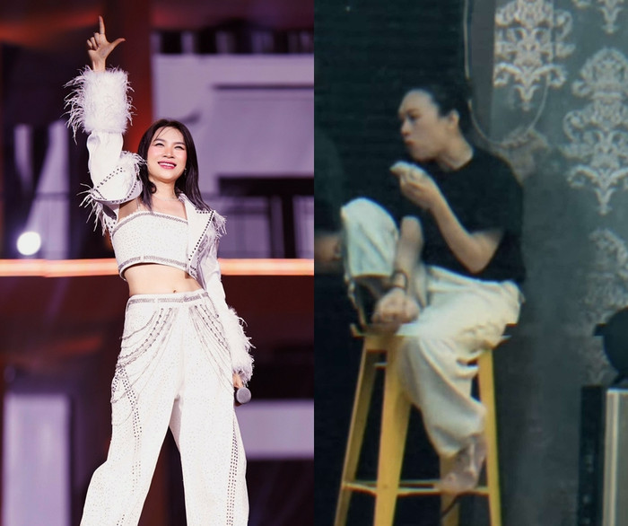 Mỹ Tâm tranh thủ ăn món gỏi cuốn sau thời gian tập luyện cho đêm nhạc.&nbsp;