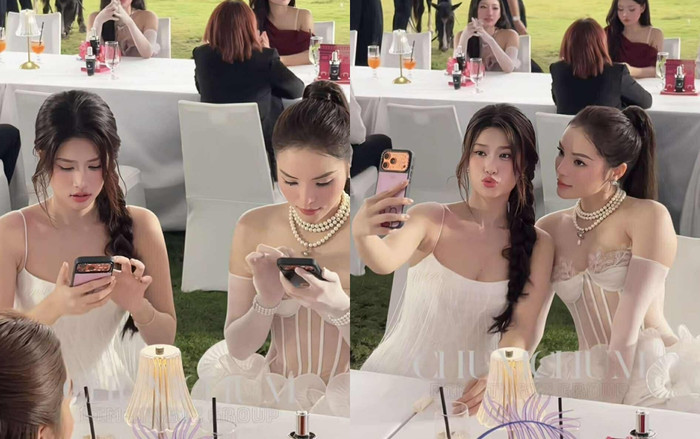 Cử chỉ gần gũi, thoải mái và ăn ý của cả hai khiến nhiều khán giả xuýt xoa, cho rằng mối quan hệ giữa hai hoa hậu ngày càng gắn bó. (Ảnh chụp màn hình từ TikTok ChumChum)