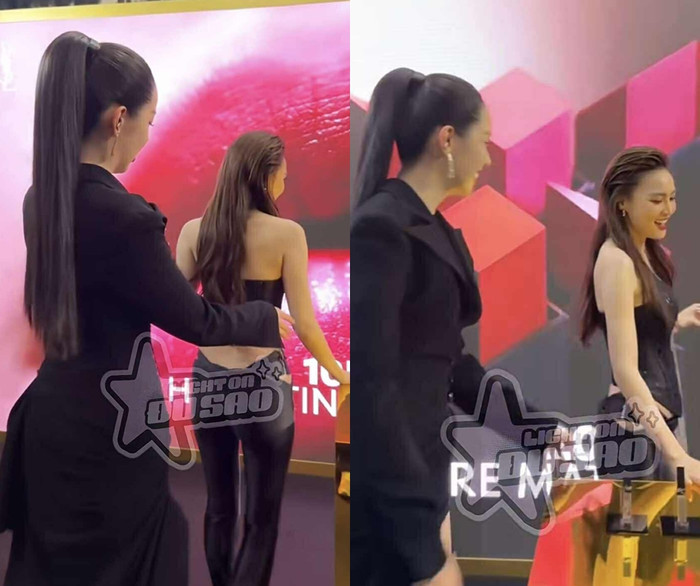 Hoa hậu Thanh Thủy và Ninh Dương Lan Ngọc tại sự kiện. Nàng hậu chủ động hỏi thăm tình hình của đàn chị trong nghề sau chấn thương. (Ảnh chụp màn hình từ TikTok Light on đu sao)