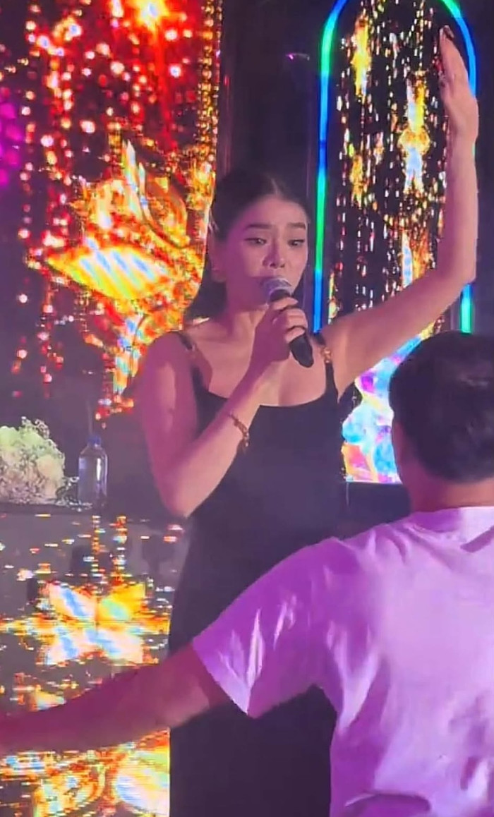 Trong lúc Lệ Quyên đang hát, một người đàn ông bất ngờ lao lên sân khấu và dang tay định ôm nữ ca sĩ.