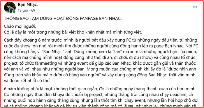 Fanpage Bạn Nhạc - &nbsp;một trong những cộng đồng người hâm mộ Hoàng Dũng với hơn 30.000 thành viên đăng tải thông báo tạm dừng hoạt động.