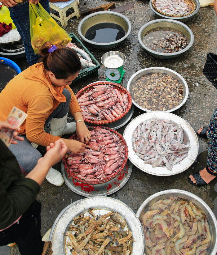 Những loại hải sản tươi ngon được đưa lên bán lúc sáng sớm. Ảnh: báo Nghệ An