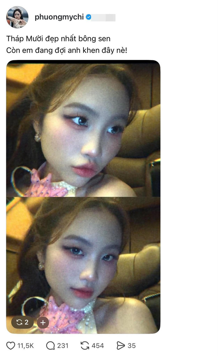 Phương Mỹ Chi đăng tải ảnh selfie kèm dòng chú thích 'thả thính'.