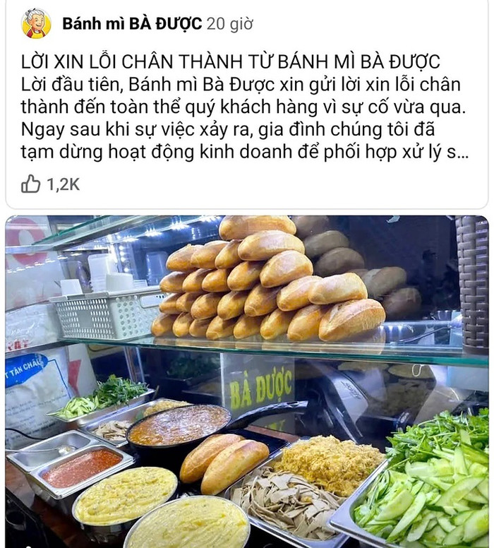Bánh mì Bà Được đăng thông tin xin lỗi khách hàng dù chưa có kết quả xét nghiệm chính thức từ cơ quan chức năng - Ảnh: Chụp lại màn hình&nbsp;