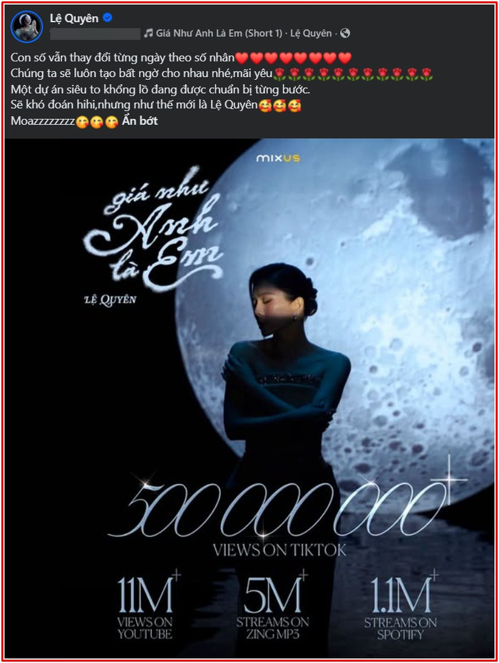 Lệ Quyên chia sẻ hạnh phúc khi ca khúc Giá như anh là em đạt nhiều thành công đồng thời hé lộ đang 'thai nghén' dự án lớn.