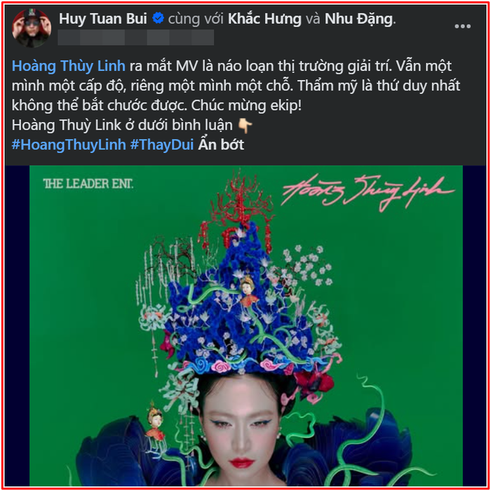 Nhạc sĩ Huy Tuấn dành lời khen cho Hoàng Thùy Linh cùng sản phẩm âm nhạc mới.&nbsp;