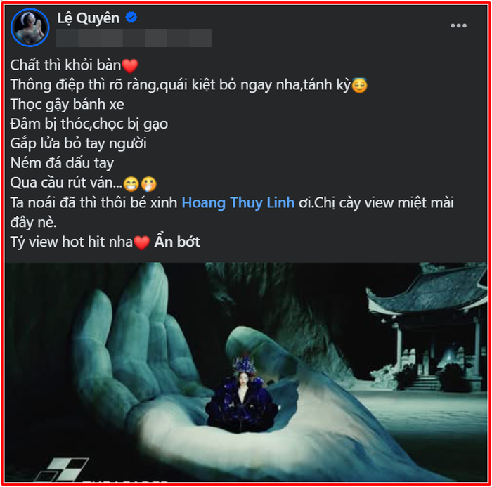 Lệ Quyên cũng tấm tắc trước tác phẩm mới từ Hoàng Thùy Linh.&nbsp;