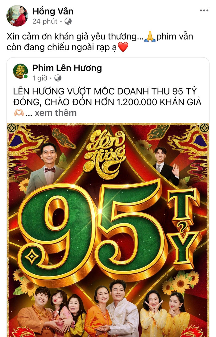 NSND Hồng Vân đón tin vui khi Lên Hương vượt mốc doanh thu 95 tỷ đồng. Ảnh: Chụp màn hình