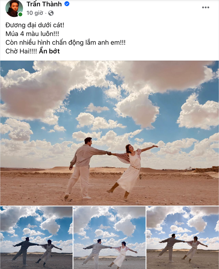 Trấn Thành và Hari Won tạo dáng múa đương đại giữa sa mạc.