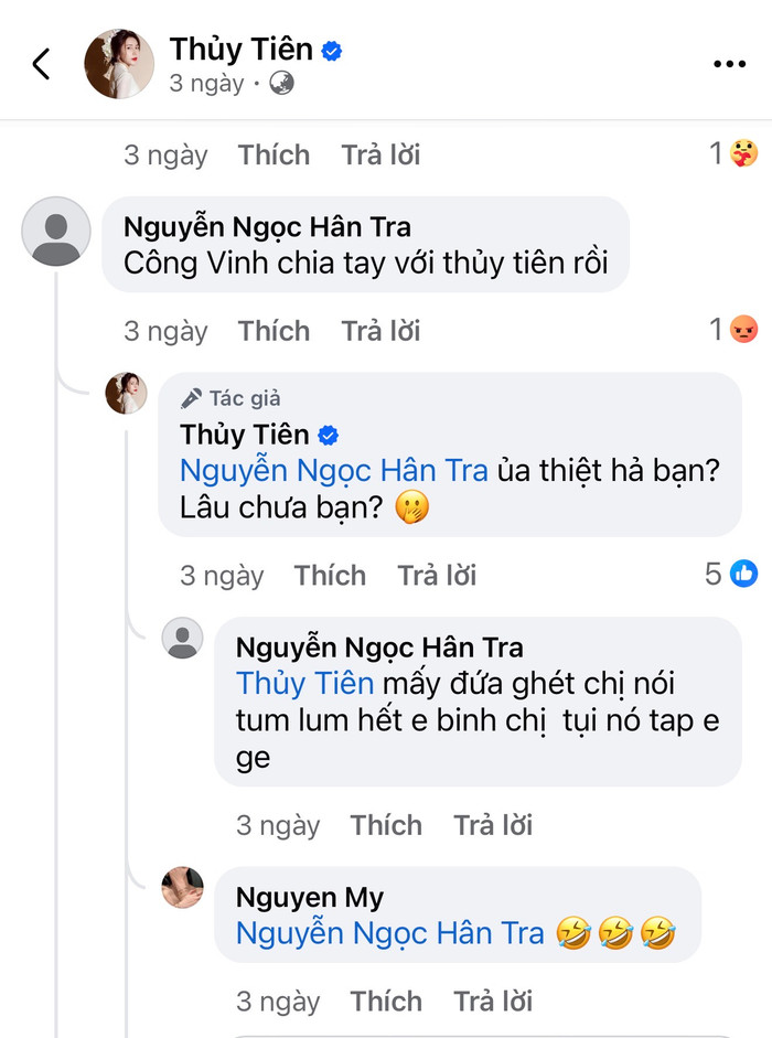Thủy Tiên có màn đáp trả đầy ẩn ý khi một khán giả bất ngờ nói cô và Công Vinh đã chia tay ngay dưới bài đăng trên mạng xã hội. Ảnh chụp màn hình