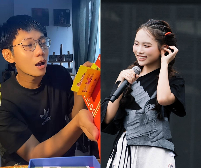 Phương Mỹ Chi tương tác thân thiết với Bảo Định khi nam diễn viên khui quà do nữ ca sĩ tặng.