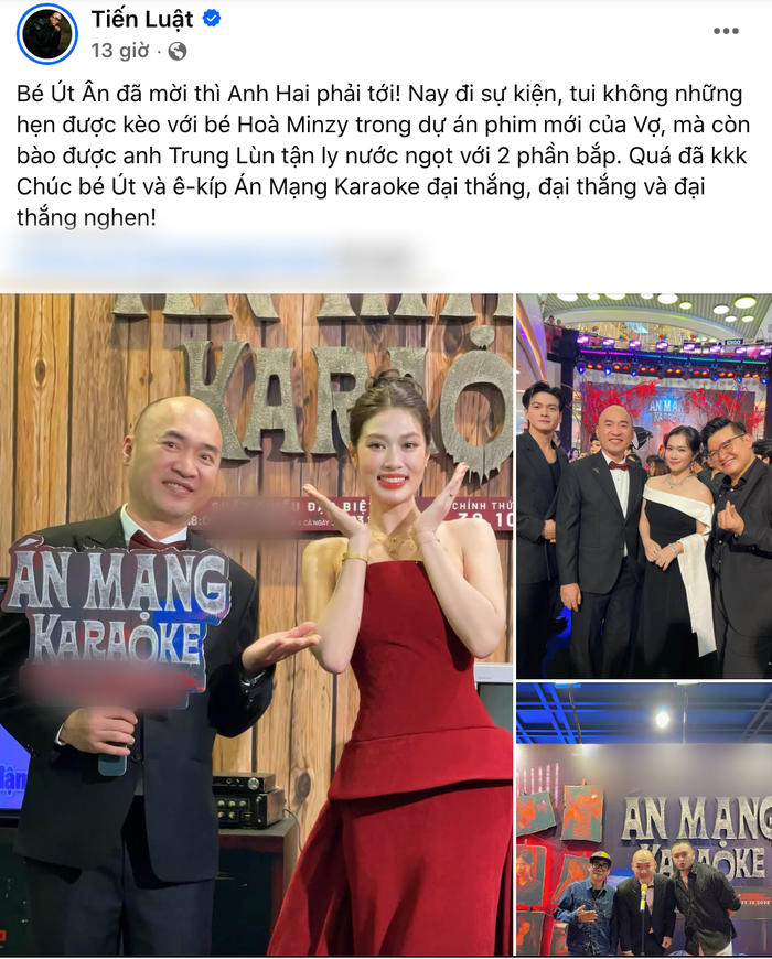 Tiến Luật tiết lộ đã hẹn được Hòa Minzy tham gia dự án phim mới do Thu Trang thực hiện.
