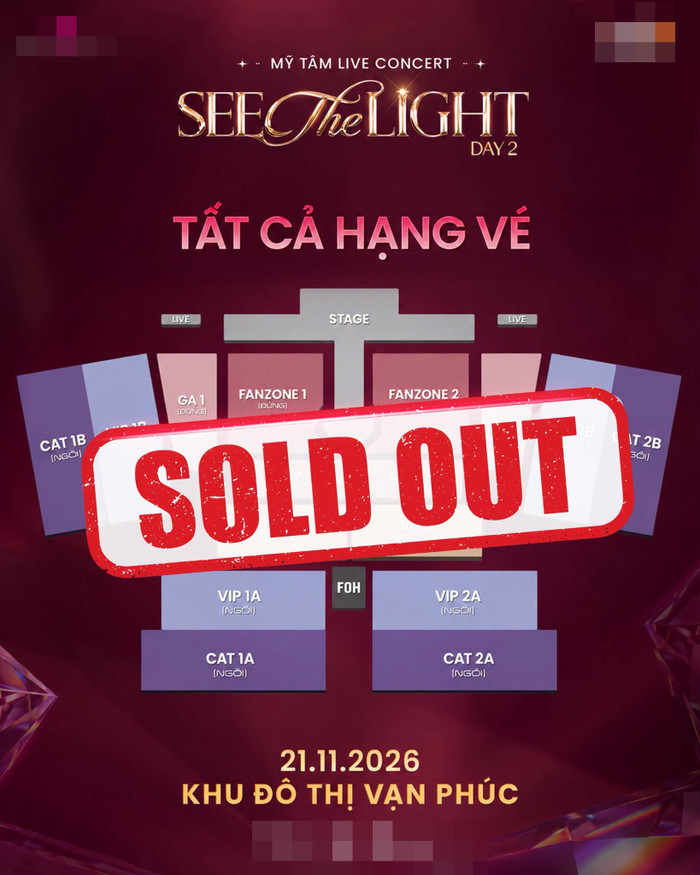 Mỹ Tâm thông báo toàn bộ vé live concert SEE THE LIGHT DAY 2 đã được bán hết trong khoảng thời gian ngắn.&nbsp;