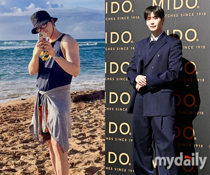 Lee Jong Suk lựa chọn bộ vest màu xanh navy thanh lịch, diện mạo khác xa với khoảnh khắc bên bờ biển được anh chia sẻ trước đó.