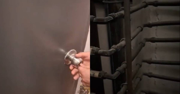 Video ghi lại cảnh một cặp vợ chồng kiểm tra những âm thanh kỳ lạ phát ra từ phòng kỹ thuật tại một chung cư ở bang Selangor, Malaysia, đã lan truyền rộng rãi trên mạng xã hội. (Ảnh: Ảnh chụp màn hình từ Threads/pokerfac3dai)
